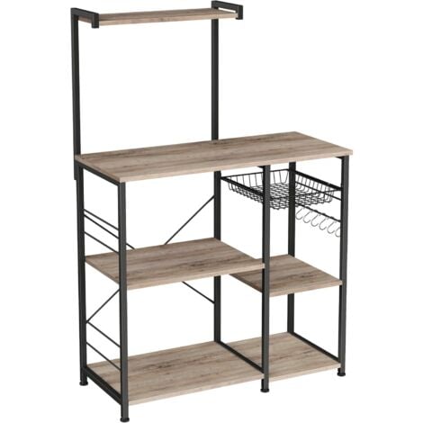 VASAGLE Scaffale da Cucina, Supporto per Forno a Microonde con Ripiani, Cesti in Filo Metallico, 6 Ganci a S, Organizzatore per Spezie, Pentole e Padelle, Greige e Nero da SONGMICS