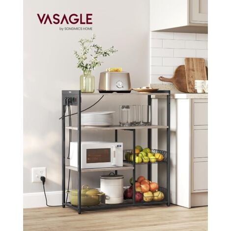 VASAGLE Scaffale per Microonde con 2 Cesti, Scaffale da Cucina con Stazione di Ricarica, Ripiani e Ganci, 35 x 80 x 93,5 cm, Stile Industriale, Greige Melange e Nero Inchiostro