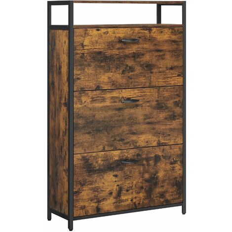 VASAGLE Scarpiera, Portascarpe Alto con 3 Scomparti a Ribalta, Ripiano Aperto, Divisori Interni, Scarpiera Salvaspazio da Ingresso per 15-24 Paia, 80 x 30 x 130 cm, Marrone Vintage e Nero da SONGMICS