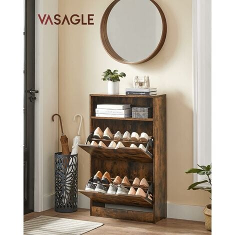 VASAGLE Schuhschrank mit 2 Klappen | 60 x 24 x 102 cm Schuhregal mit Zusatzfach Schuh-Organizer Schuhaufbewahrung Weiß/Vintagebraun/Weiß-Natur