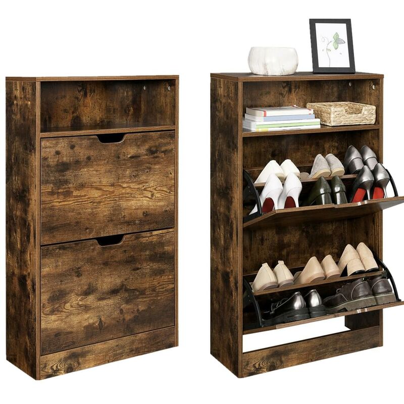 VASAGLE Shoe Cabinet with 2 Flaps, Shoe Rack with an Open Shelf, Melamine Veneer, Easy to Clean, 60 x 24 x 102 cm, Rustic Brown by SONGMICS LBC040X01
