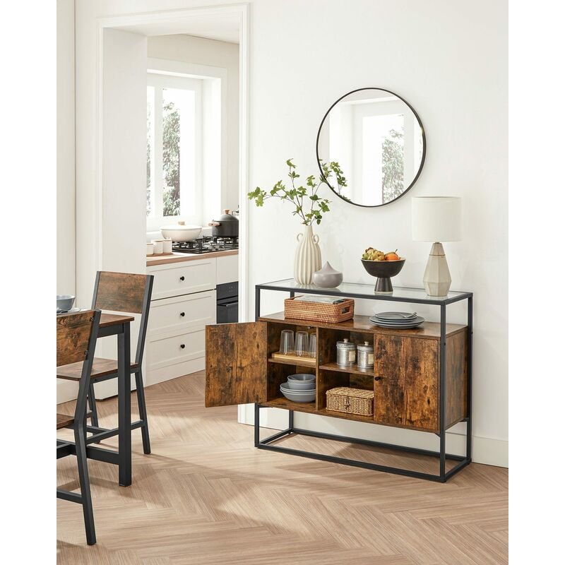 VASAGLE Sideboard, Beistellschrank, Anrichte, Küchenschrank mit Glasoberfläche und offenen Fächern, Wohnzimmer, Flur, stabiles Stahlgestell,