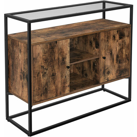 main image of "VASAGLE Sideboard, Side Cabinet, Storage Cabinet with Glass Surface and Open Compartments, Living Room, Hallway, Stable Steel Frame, Tempered Glass, Industrial, Rustic Brown and Black by SONGMICS LSC014B01 - Rustic Brown and Black"