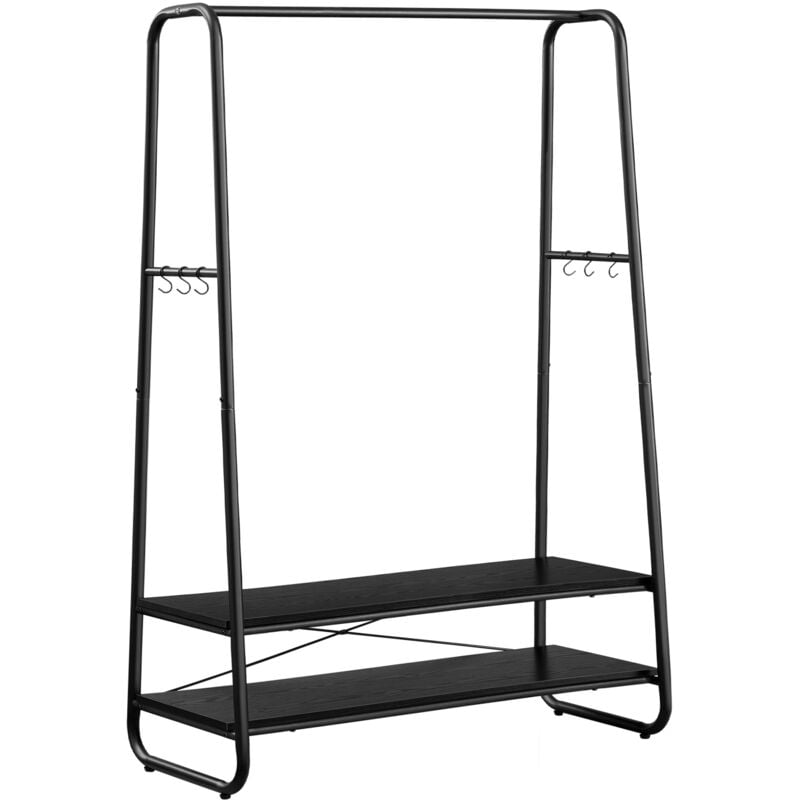 Portant à Vêtement, Porte-manteaux, Armoire, Vestiaire, avec 2 Étagères, 6 Crochets en Forme de s, Cadre en Acier, pour Chambre, Noir Boisé et Noir