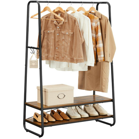 VASAGLE Support à vêtements, Porte-vêtements robuste avec 2 étagères, 6 crochets en S, cadre en acier, pour chambre, style industriel, Marron Rustique et Noir par SONGMICS RGR112B01 - Marron Rustique et Noir