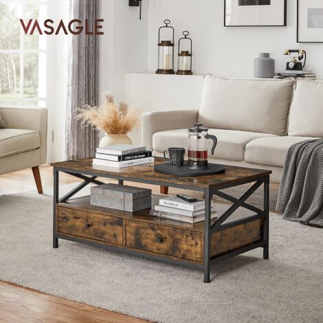 Vasagle – Table basse industrielle 100 x 55 x 45 cm – Cadre en acier noir – 2 tiroirs et compartiment ouvert – Marron rustique