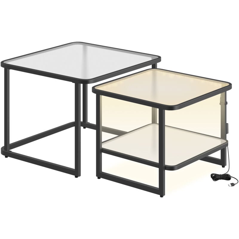 Vasagle - Table Basse, Lot de 2 Tables de Salon Gigognes avec led, Table Basse Carrée Moderne, Verre Givré, Étagère Inférieure, pour Salon, Chambre,