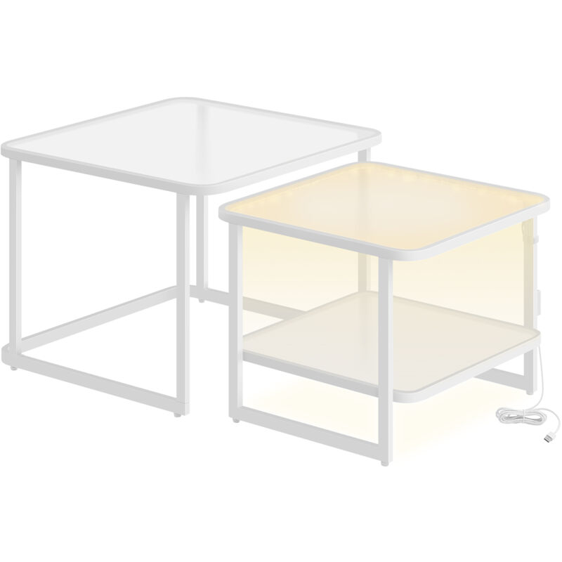 Vasagle - Table Basse, Lot de 2 Tables de Salon Gigognes avec led, Table Basse Carrée Moderne, Verre Givré, Étagère Inférieure, pour Salon, Chambre,