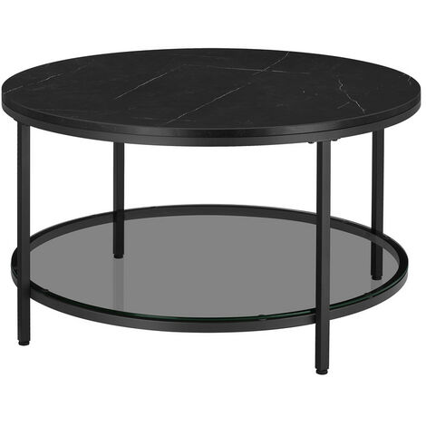 Vasagle – Table basse moderne 80x46cm – Plateau noir marbré et étagère en verre trempé – Pieds en acier noir pour robustesse – Assemblage facile