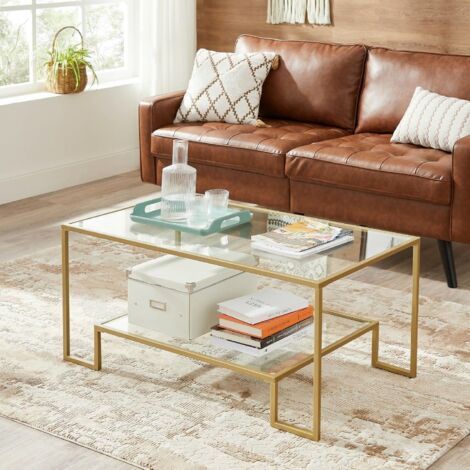 Vasagle – Table basse rectangulaire en verre trempé et acier doré – 100 x 55 x 45 cm – Pieds réglables – LGT033A01