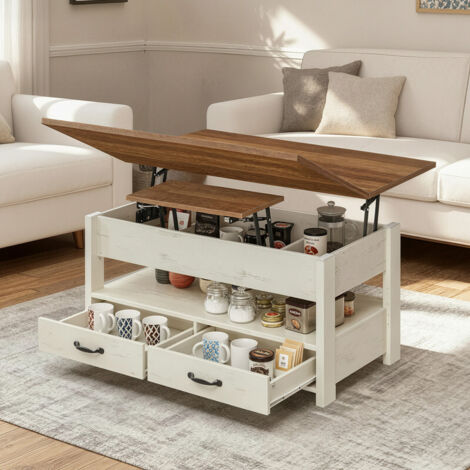 Vasagle – Table basse relevable – 2 plateaux modulables – 3 compartiments de rangement – Surface résistante à l’eau – Marron et blanc