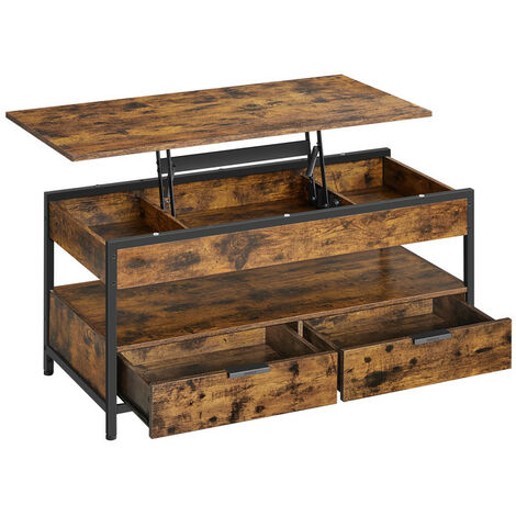 Vasagle – Table basse relevable 50x100 cm – Hauteur ajustable 48-63 cm – Acier et aggloméré – Marron rustique et noir d’encre – 3 compartiments cachés