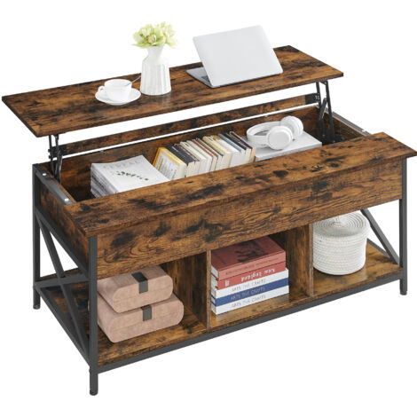Vasagle – Table basse relevable avec rangement caché – Plateau soulevable – Dimensions 60 x 120 x (48-62) cm – Acier et panneau d’aggloméré – Marron rustique et noir