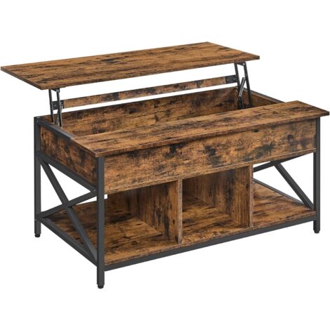 Vasagle – Table basse relevable marron rustique et noir – Dimensions 60 x 100 x (48-62) cm – Rangement ouvert et compartiment caché – Barres en X