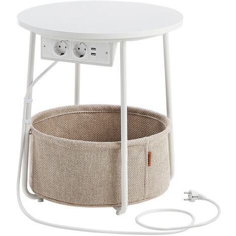 Vasagle – Table basse ronde avec multiprise – 2 prises AC et 2 ports USB – Panier en tissu – Dimensions 45 x 50 cm – Blanc mat et marron camel