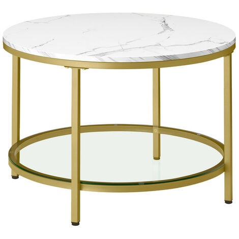 VASAGLE Table Basse, Table de Salon, Table Canapé Apéro, Façon Marbre, Support en Verre Trempé, Facile à Assembler, pour Salon, Style Moderne, Blanc Marbré et Doré Clair