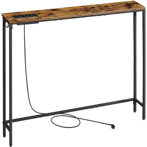 Vasagle – Table console avec multiprise intégrée – Dimensions 15 x 100 x 80 cm – Finition bois rustique et noir d'encre – Crochet pour câbles