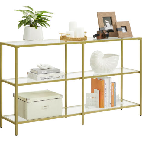 Vasagle – Table console dorée 130 x 30 x 73 cm – Verre trempé 6mm et acier – 3 étagères pour entrée, salon, chambre – Design moderne