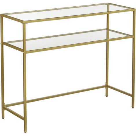 Vasagle – Table console dorée en métal avec 2 niveaux – Dessus en verre trempé – Dimensions 100x35x80 cm – Pieds réglables pour stabilité