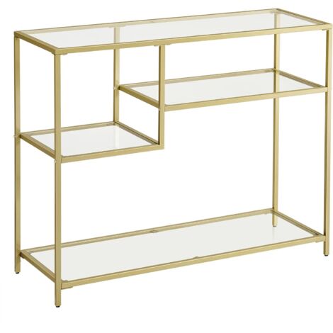 Vasagle – Table console en verre trempé – Cadre métal doré – Étagères de rangement – Dimensions 35 x 100 x 80 cm – Style moderne