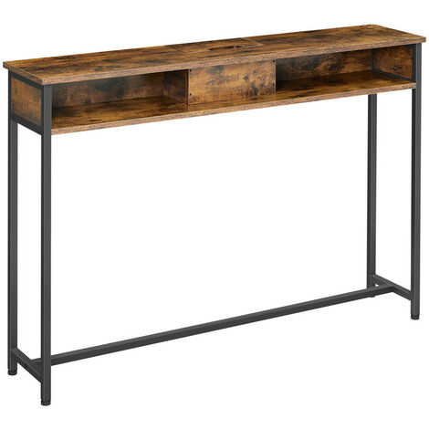 Vasagle – Table console fine avec multiprise – 2 compartiments – Chargement caché – Dimensions 25 x 120 x 81,1 cm – Marron rustique et noir d’encre