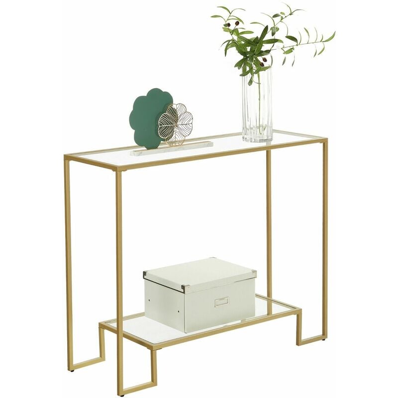 VASAGLE Table console, Table d'entrée, 2 étagères en verre trempé, cadre en acier, 100 x 35 x 80 cm, pour entrée, couloir, salon, Doré par SONGMICS