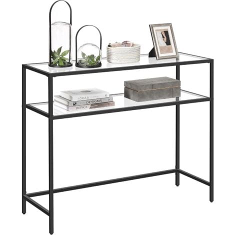 VASAGLE Table Console, Table d’Entrée, Bout de Canapé, Dessus de Table en Verre Trempé, Cadre Métallique, 2 Niveaux, Pieds Réglables, pour Salon, Entrée, Couloir, Noir