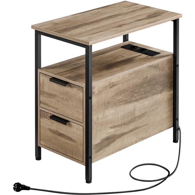 VASAGLE Table d’Appoint avec Multiprise, Petite Table Fine avec 2 Tiroirs, Table de Chevet avec Rangement, pour Salon, Chambre, Marron Camel et Noir