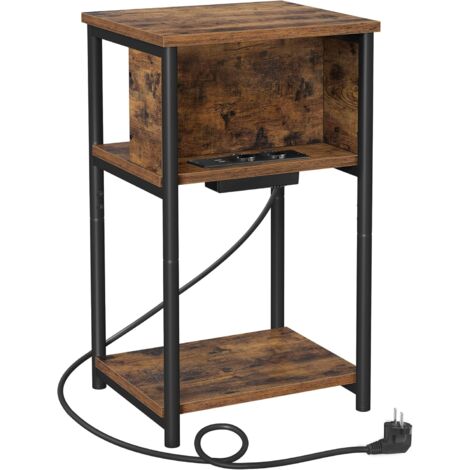 Vasagle – Table d'appoint marron rustique et noir – Petite table de chevet avec multiprise – 2 prises CA, 2 ports USB – 30 x 34 x 58 cm