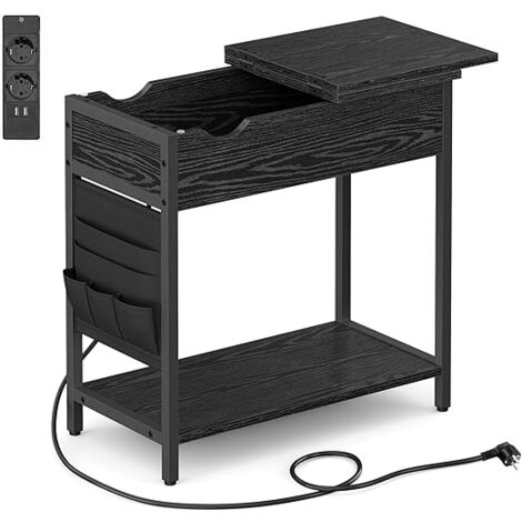 VASAGLE Table d’Appoint, Petite Table de Chevet avec Multiprise, Étroite, avec Ports USB, Pochette de Rangement, pour Salon, Chambre, Noir Boisé - Noir boisé