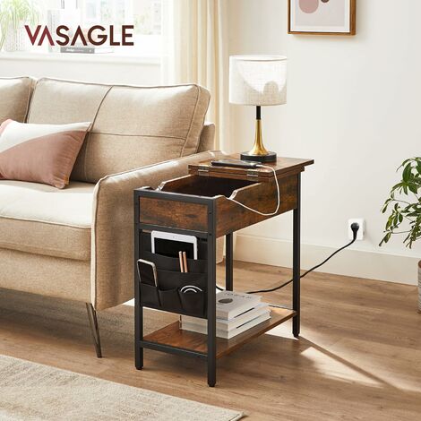 Vasagle – Table d'appoint marron rustique et noir avec prise d'alimentation – Dessus rabattable – Pochette en tissu – Dimensions 60x31,5x60 cm