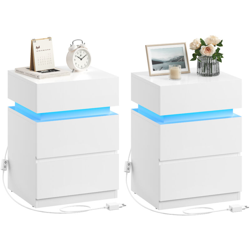 Vasagle Lot de 2 Tables de chevet, avec Bande led Multicolore Réglable, 3 Tiroirs, Style Moderne, 35 x 40 x 55 cm, Blanc