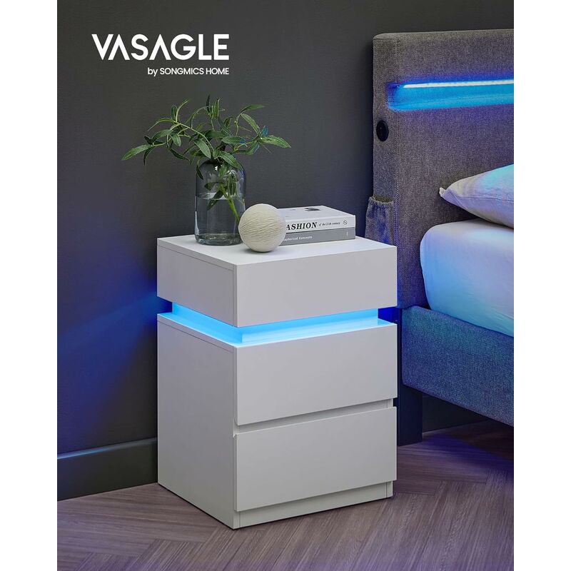 Vasagle Table de Chevet, avec Bande led Multicolore Réglable, 3 Tiroirs, 40 x 35 x 55 cm, Table d'Appoint de Style Moderne, Blanc