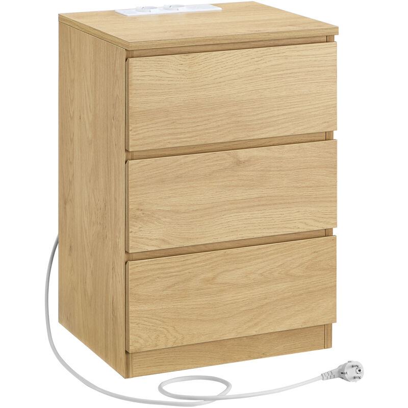 Songmics - vasagle Table de Chevet avec Multiprise, avec 3 Tiroirs, 2 Prises ca, 2 Ports usb, Jaune Paille