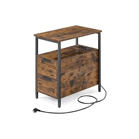Vasagle – Table d'appoint marron rustique et noir classique – 2 tiroirs – Multiprise intégrée – Dimensions 60x35x61cm – Panneau d'aggloméré et acier
