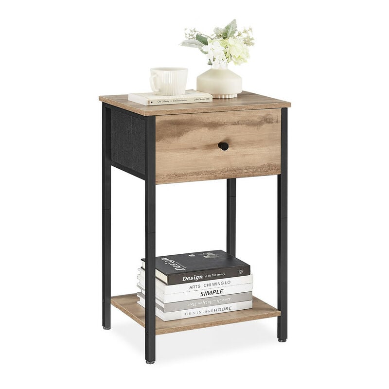 Table de Chevet, Table d'Appoint avec Tiroir en Tissu, 38 x 28 x 61 cm, avec Étagère de Rangement, Marron Boisé