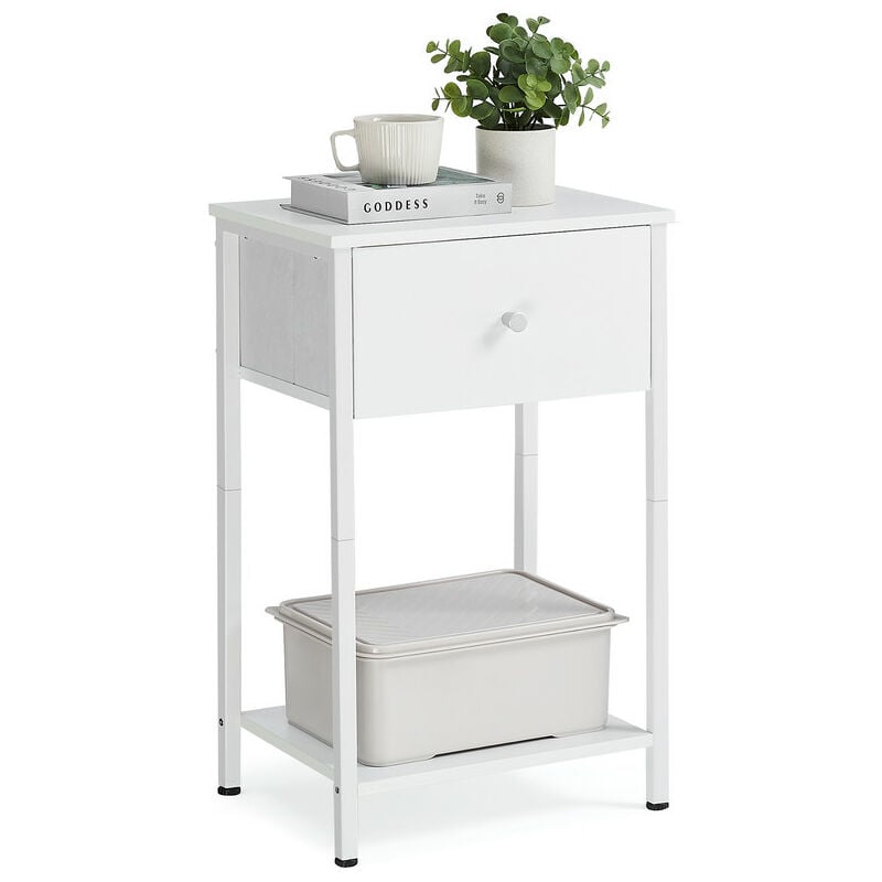 Table de Chevet, Table d'Appoint avec Tiroir en Tissu, 38 x 28 x 61 cm, avec Étagère de Rangement, Blanc