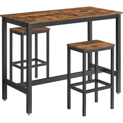 Vasagle – Table haute avec 2 tabourets de bar – Dimensions 120 x 60 x 90 cm – Acier noir et panneau de particules marron – Pour cuisine et salle à manger