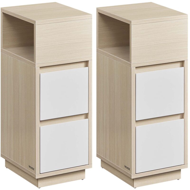 Tables de Chevet, Lot de 2, avec 2 Tiroirs et Compartiment Ouvert, Beige Naturel et Blanc Nuage - Vasagle