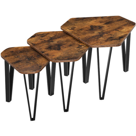 VASAGLE Tables gigognes, lot de 3, Tables d’appoint, Bouts de canapé pour salon, empilable, robuste, assemblage facile, structure en acier, style industriel, Marron rustique et Noir par