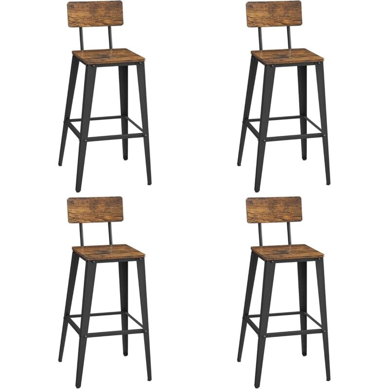 Vasagle - Tabourets de Bar Industriel, Lot de 4, Chaise Bar Cuisine, avec Dossier, Cadre en Acier, Montage Facile, Style Industriel, Marron