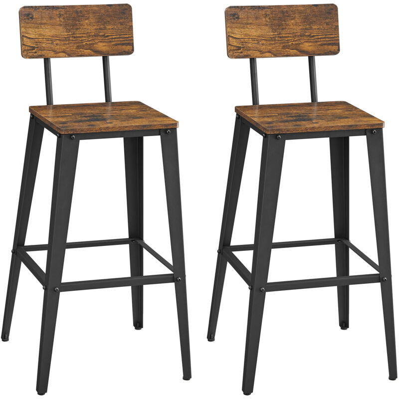 Vasagle - Tabouret Bar Industriel, Lot de 2, Chaise Bar Cuisine, avec Dossier, Cadre en Acier, Montage Facile, Style Industriel, Marron