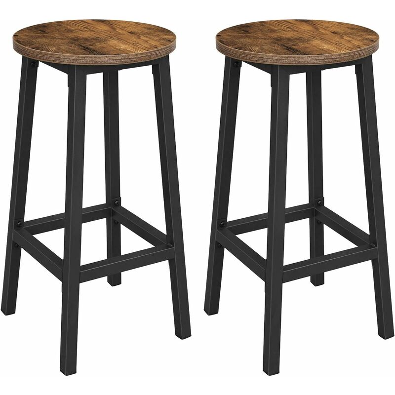 vasagle - lot de 2 tabourets hauts chaises de bar - siège de cuisine - cadre en acier - hauteur 65 cm - montage facile - style industriel - marron