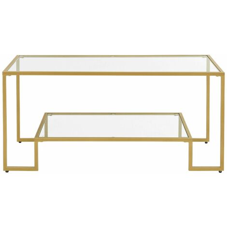VASAGLE Tavolino da Caffè, Tavolino da Salotto, 2 Ripiani in Vetro Temperato, Struttura in Acciaio, 100 x 55 x 45 cm, Decorazione per Soggiorno Salotto, Colore Dorato da SONGMICS - Dorato