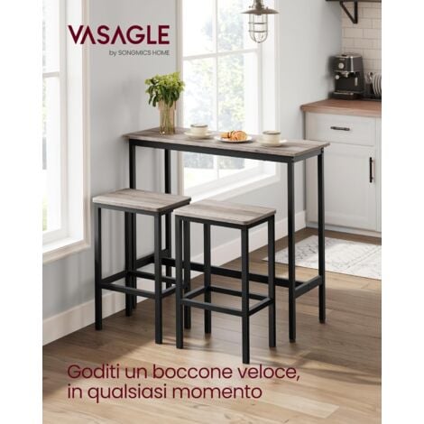 VASAGLE Tavolo Alto, Set di Tavolo e Sgabelli da Bar, Tavolo da Colazione con Set di 2 Sgabelli, Struttura in Acciaio Industriale, Greige Melange e Nero Inchiostro