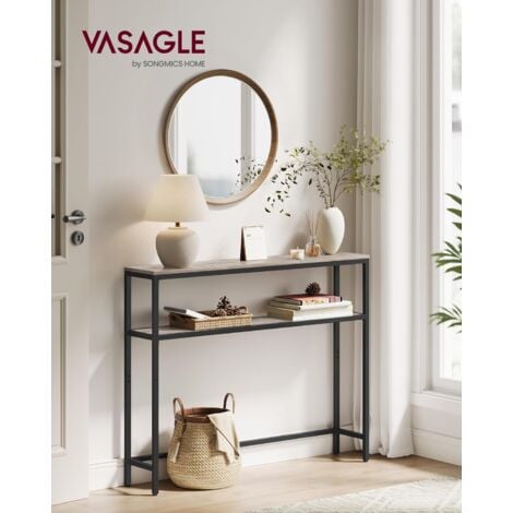 VASAGLE Tavolo Consolle, 20 x 80 x 80 cm, Tavolino Stretto, Tavolo da Ingresso Moderno con 2 Ripiani, Per Soggiorno, Camera da Letto, Greige Melange e Nero Inchiostro