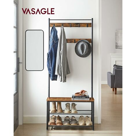 VASAGLE Vintage Hat and Coat Stand Hallway Shoe Rack and Bench with Shelves Storage Organiser with Hooks Matte Metal Frame 70 x 32 x 175cm