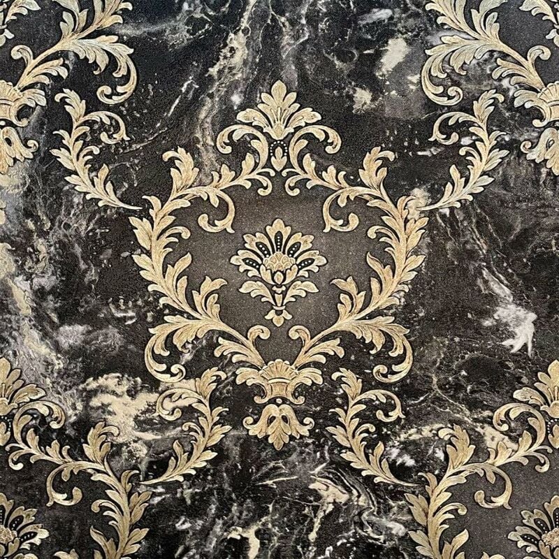 Vasari Sienna Damask Marble Black Gold Wallpaper Luxury Italian Textured Vinyl