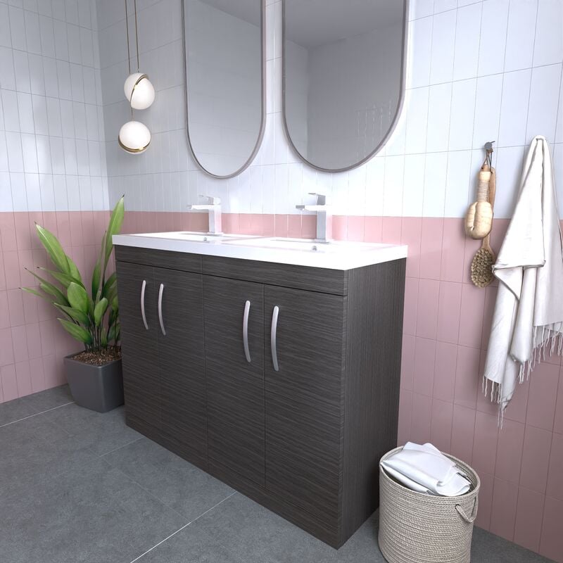 Athena Floor Standing 4-Door Vanity Unit with Double Basin 1200mm Wide - Brown Grey Avola - Nuie
