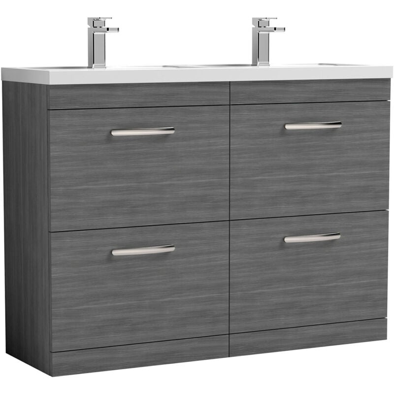 Nuie Athena Anthracite Woodgrain 1200mm 4 Drawer Vanity Unit with Double Basin - ATH032C